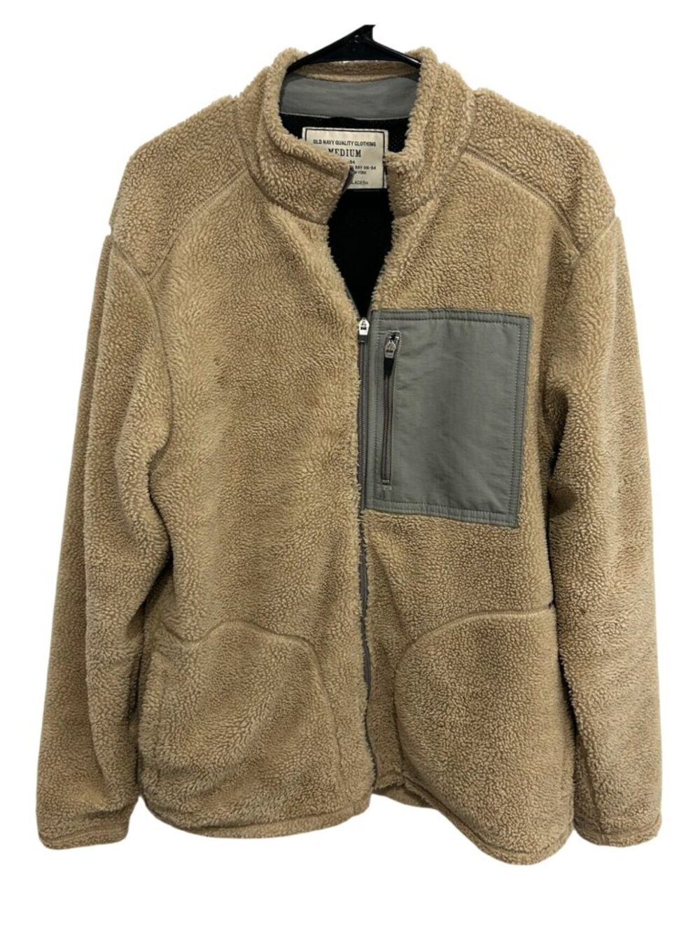Old Navy Medium Sherpa Full-Zip Beige Jacket Gray Chest Pocket Cozycore Retro